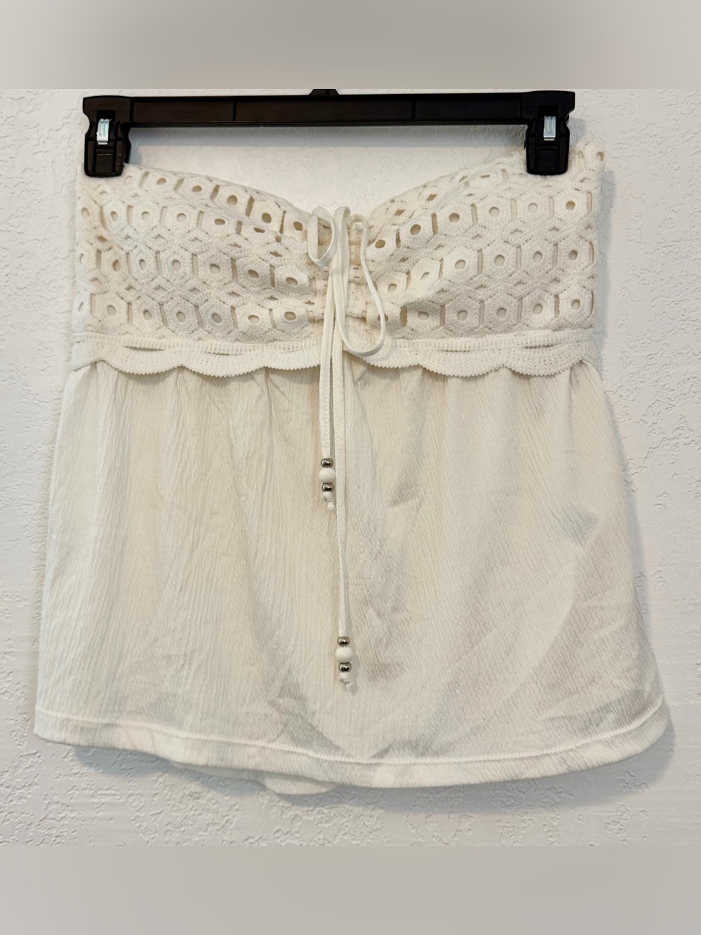 No Boundaries Cream Strapless Crochet Tie-Front Crop Top
